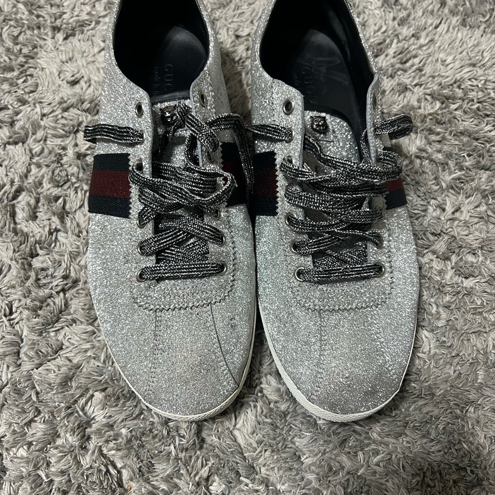 Gucci Silver Glitter Web Studded Embellished Sneakers Men's Size US 12